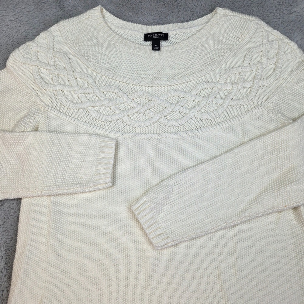 Talbots Cashmere Cotton Sweater Womens P Petite Cable Knit Yoke Ivory Off White